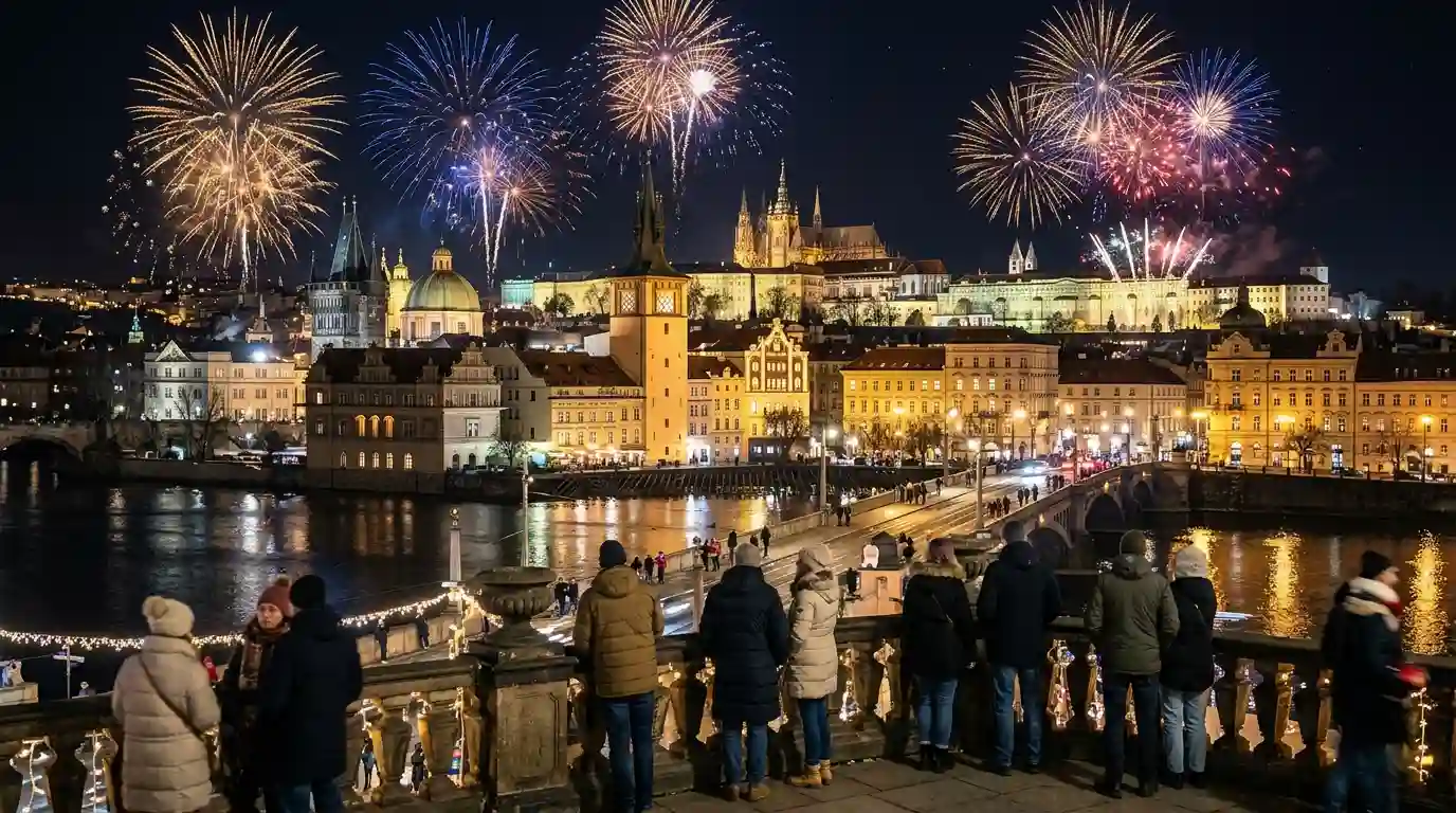 Colorful New Year's Eve fireworks illuminate a historic European city skyline beside a river.