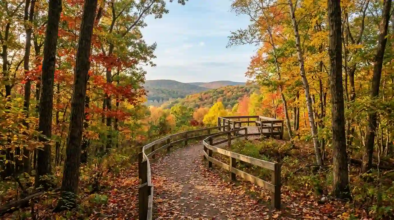 Autumn foliage in shades of red, gold, and orange along a woodland trail in New Jersey.