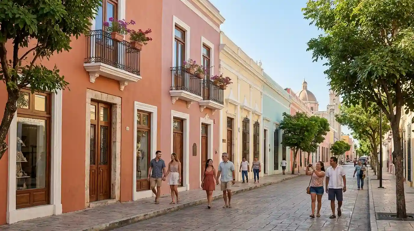 Colorful colonial buildings and a pedestrian street in Mérida, Mexico.