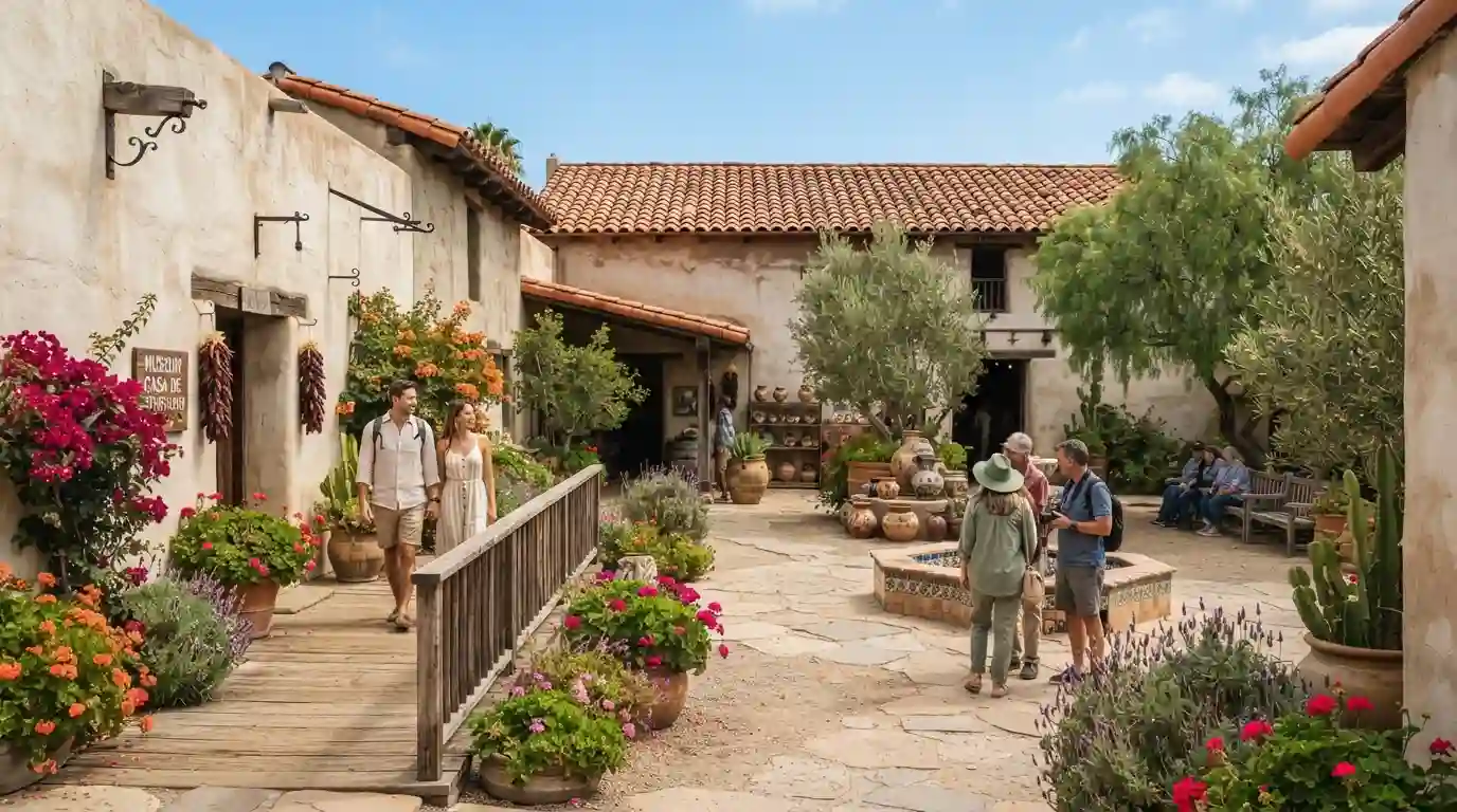 Historic adobe-style buildings and a landscaped courtyard in Old Town San Diego, California.