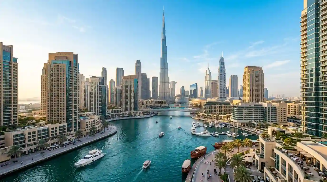 Dubai skyline featuring Burj Khalifa and modern waterfront buildings beneath a clear summer sky.