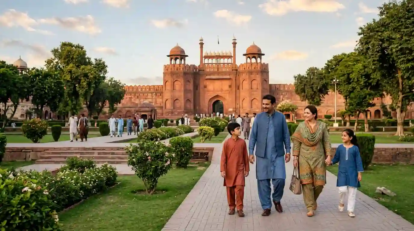 A family exploring the landscaped grounds near Lahore Fort in Pakistan.