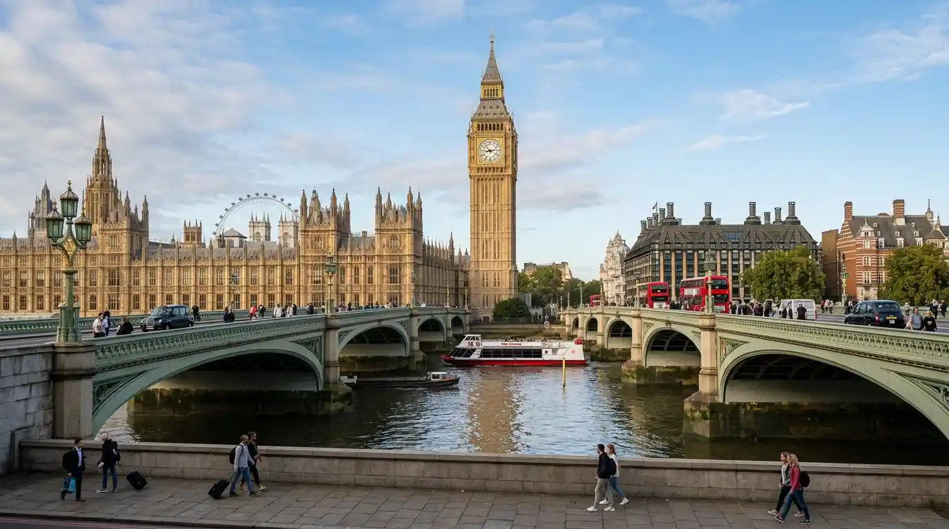 Big Ben and the Palace of Westminster beside the River Thames in central London.