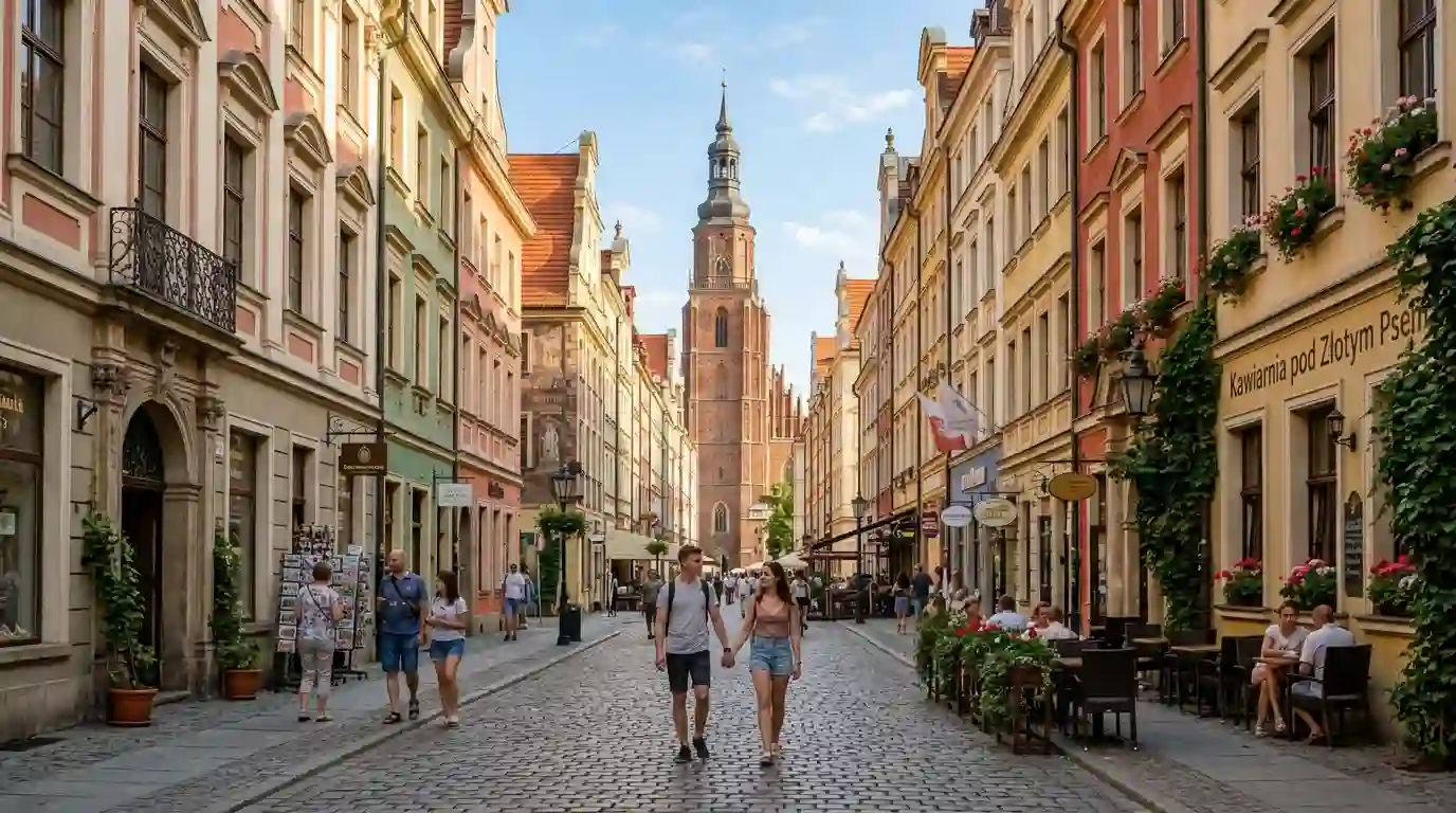 Colourful historic buildings along a pedestrian street in Poland during summer.