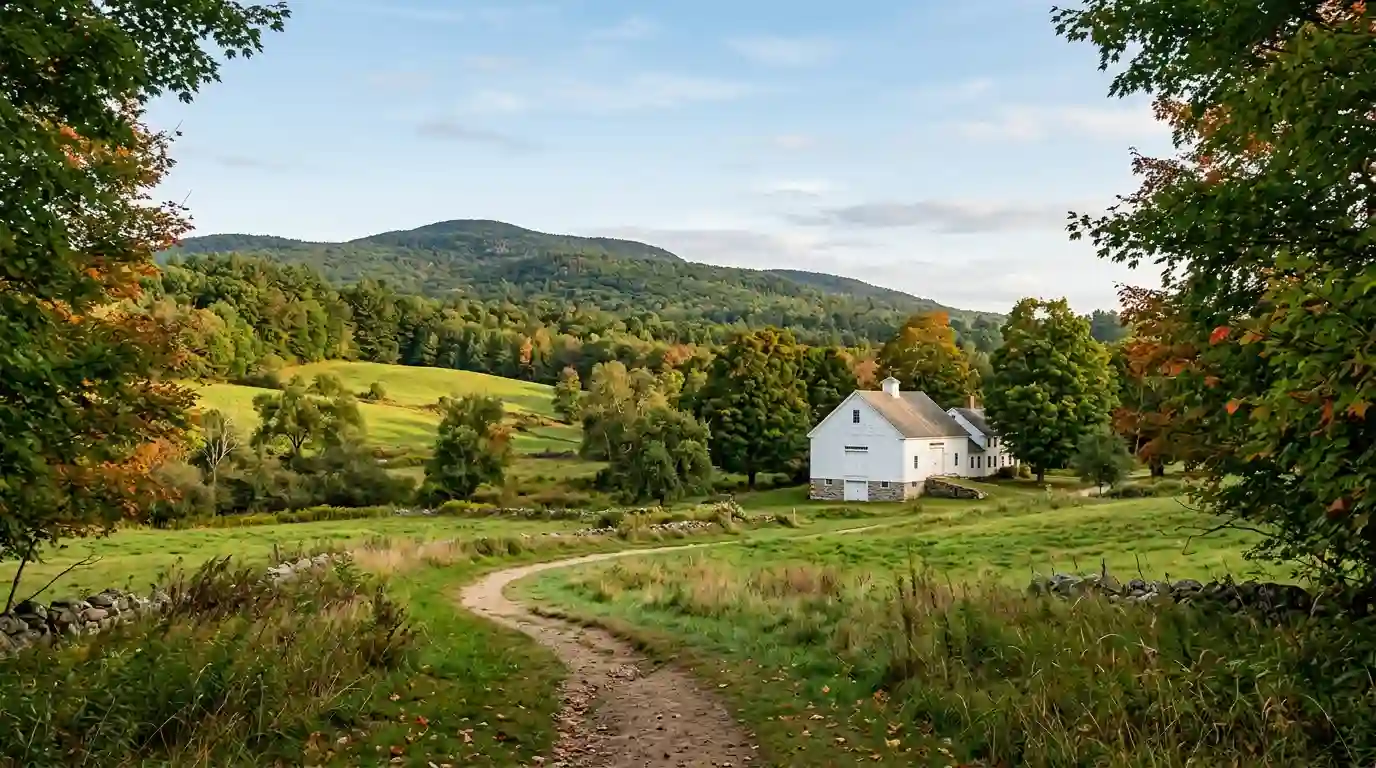 Scenic southern New Hampshire countryside with forested hills, a traditional New England building, and autumn foliage.