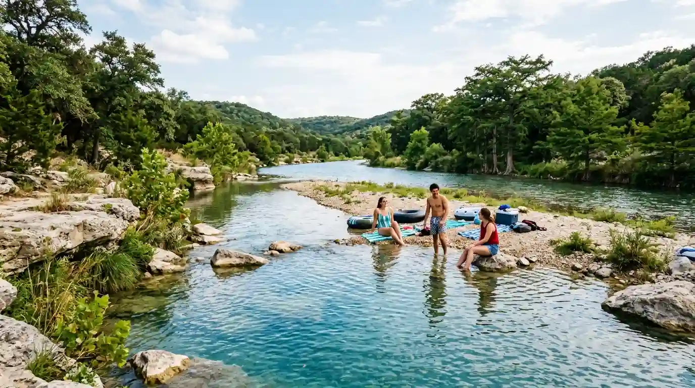 Visitors relaxing beside a scenic Hill Country river on a sunny Texas summer day.