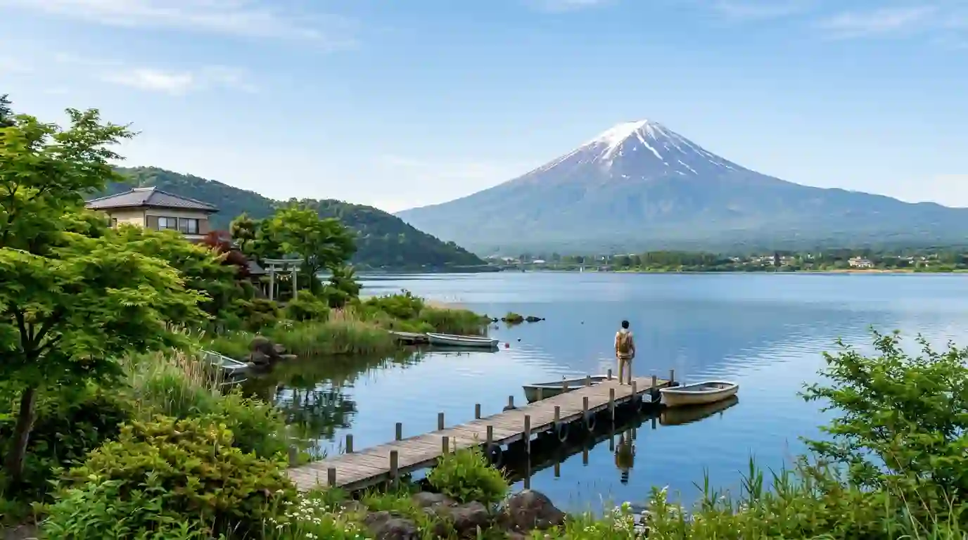 Mount Fuji rising above Lake Kawaguchi on a clear summer morning in Japan.
