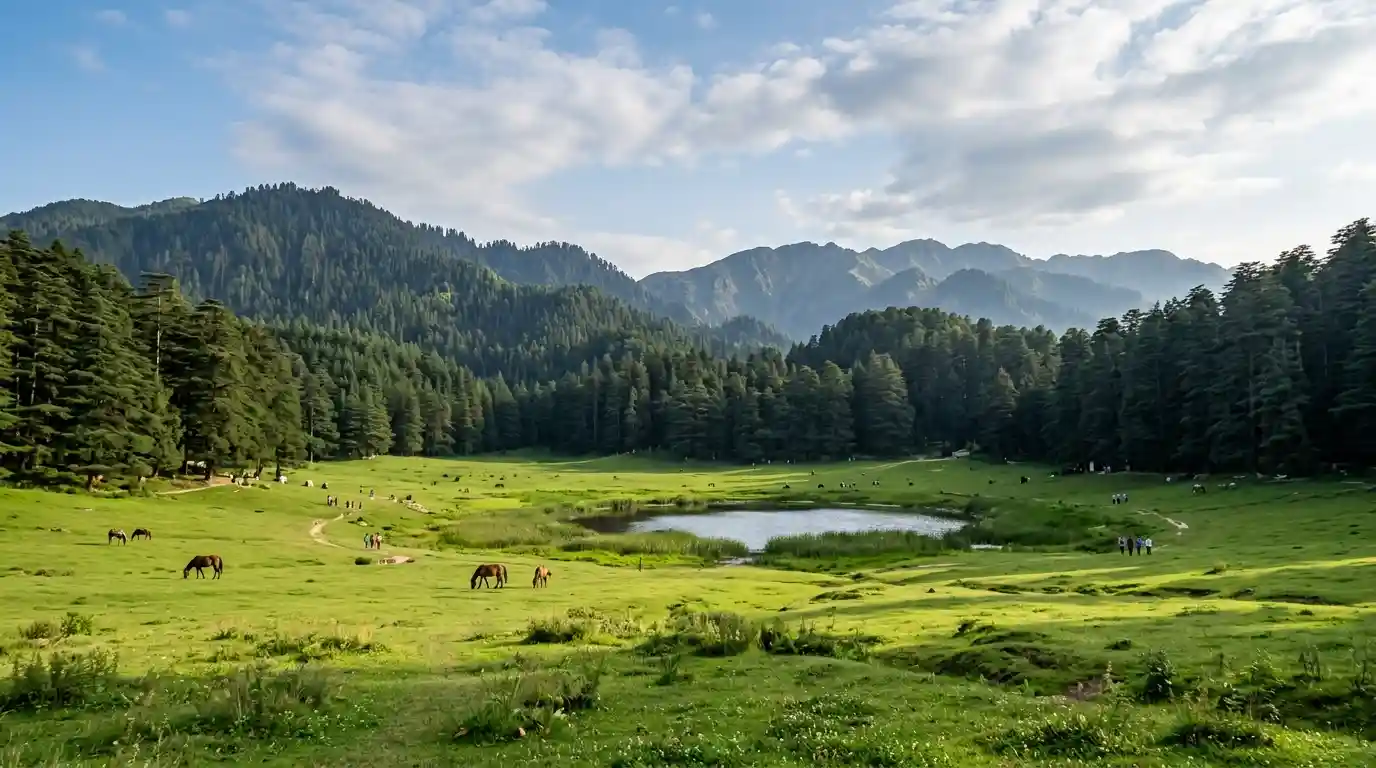 Green Khajjiar Meadow and its small lake surrounded by deodar forests in Himachal Pradesh.