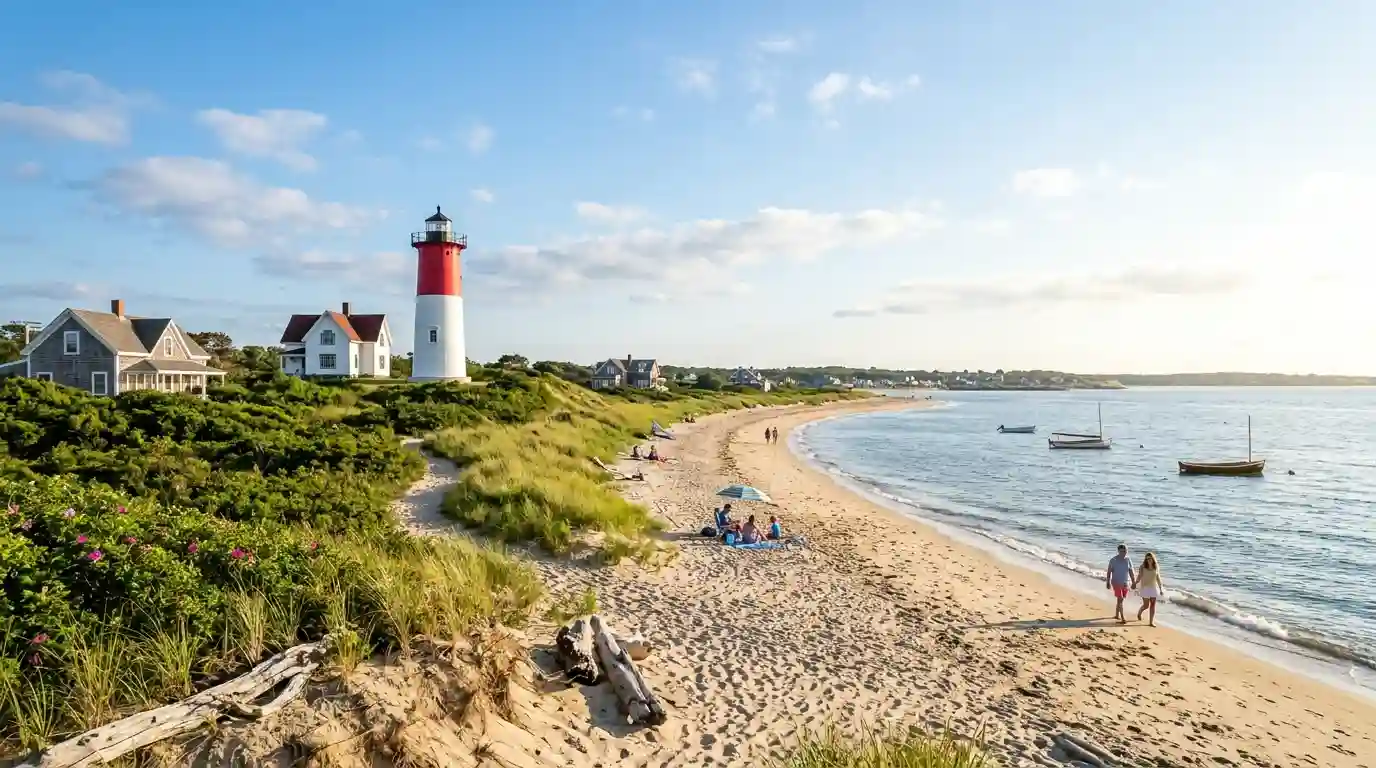A Cape Cod-style lighthouse overlooking a sandy beach and blue ocean in Massachusetts.