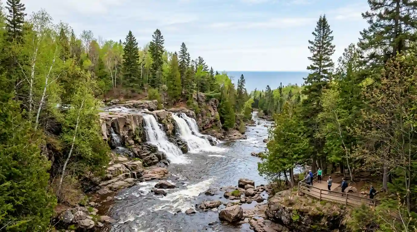 Spring waterfall flowing through a rocky, forested landscape in Minnesota.