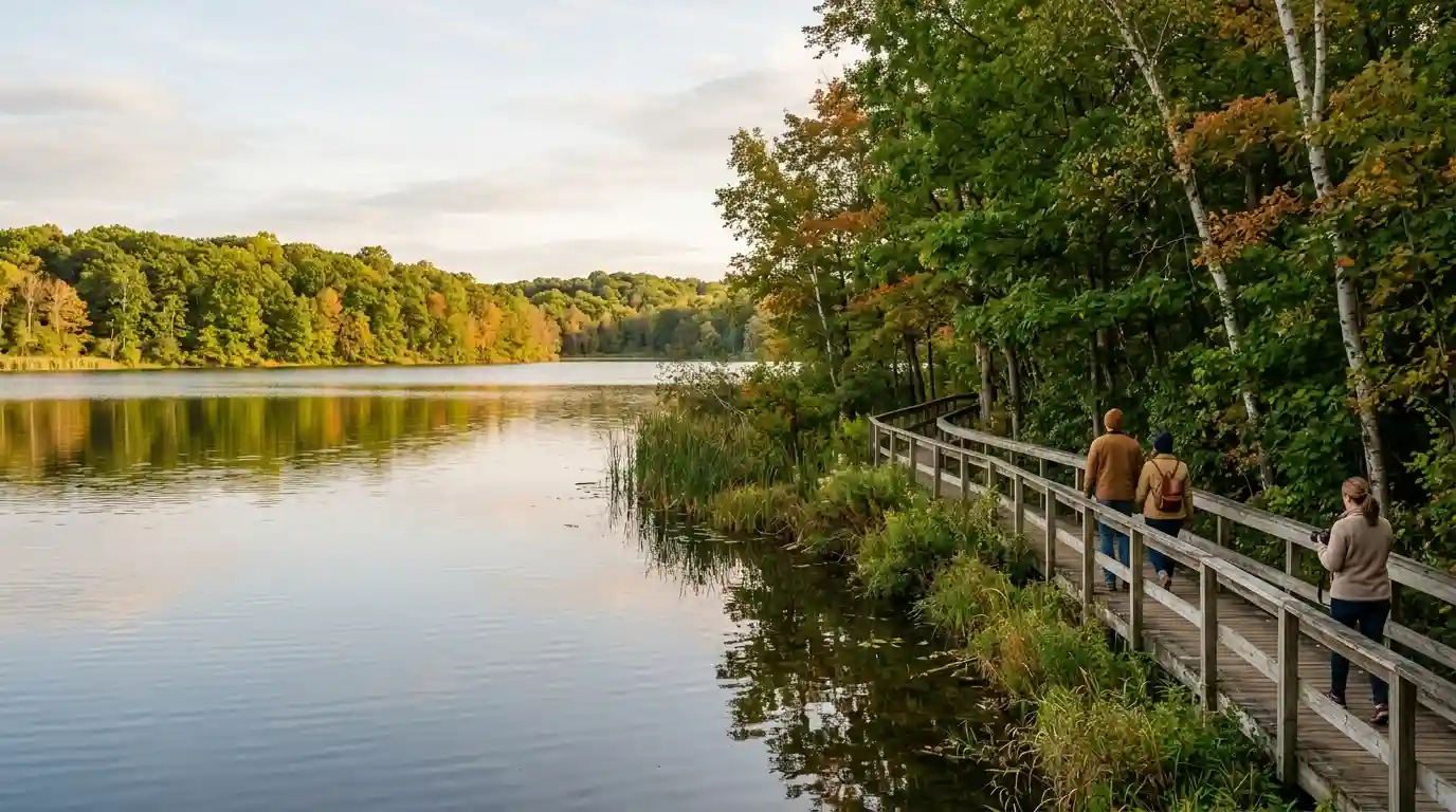 A peaceful lake and wooded shoreline representing outdoor day trips near Fort Wayne, Indiana.