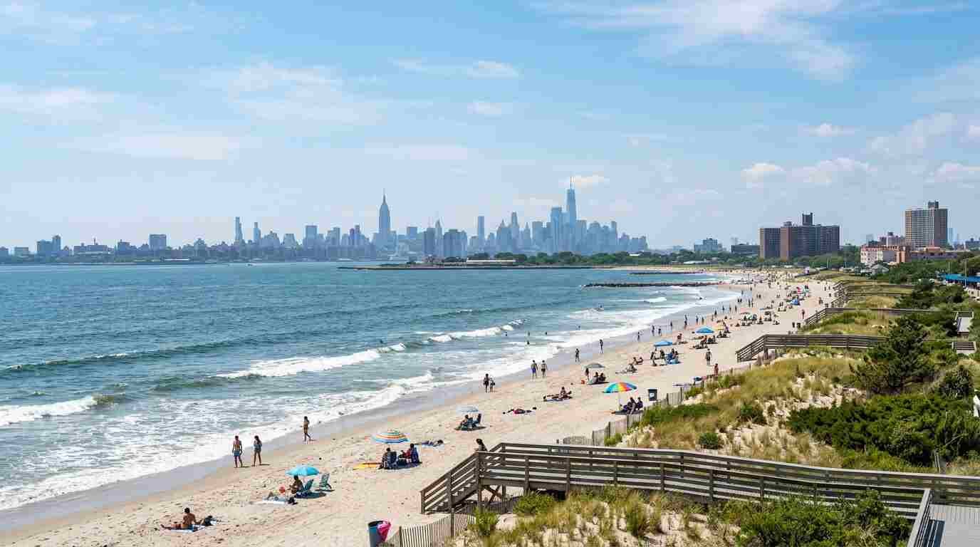 Rockaway Beach shoreline in Queens, New York, near John F. Kennedy International Airport.