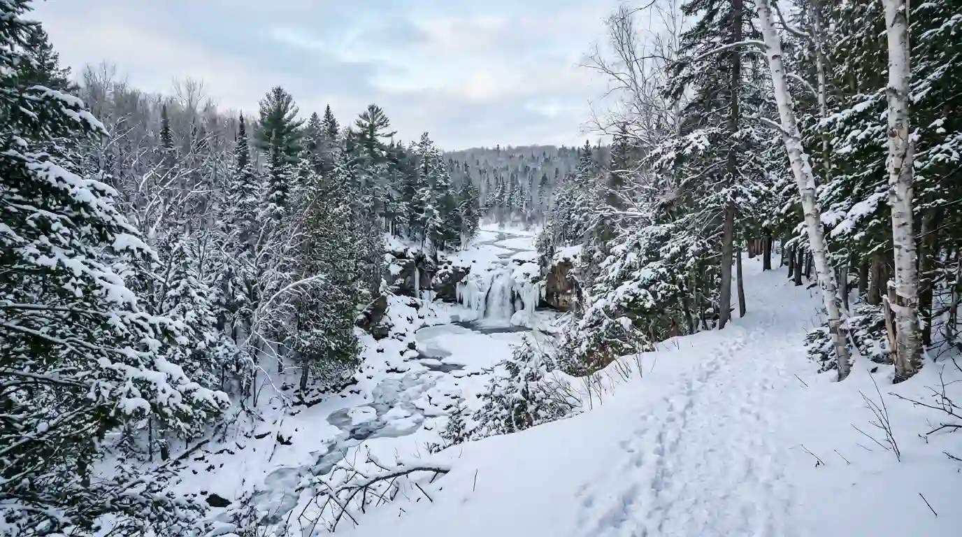 Snow-covered Minnesota forest, winter walking trail, and partially frozen waterfall.