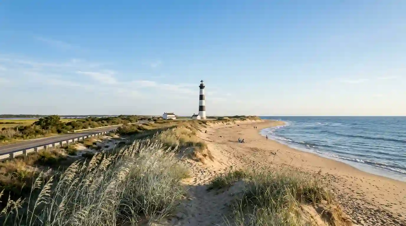 Sandy Outer Banks beach, Atlantic Ocean, coastal dunes, and a historic lighthouse in North Carolina.
