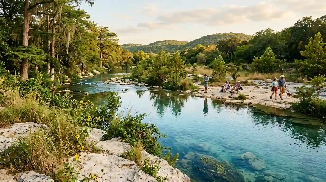 A scenic spring-fed river surrounded by trees and limestone banks near San Marcos, Texas.