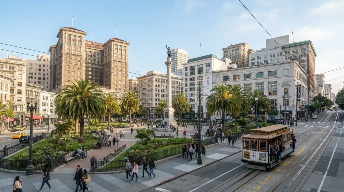 Union Square plaza surrounded by downtown San Francisco buildings with a cable car passing nearby.