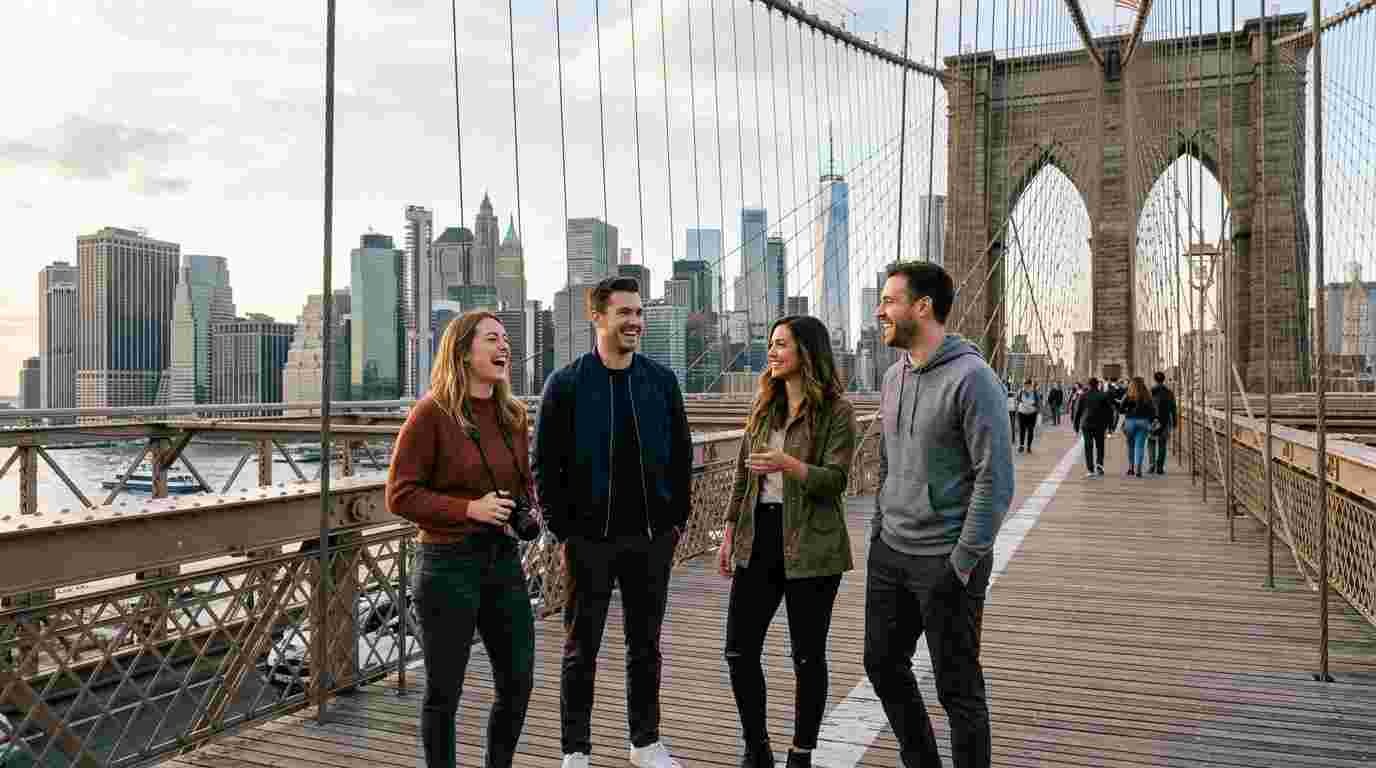 A group of friends enjoying the view of the Manhattan skyline from the Brooklyn Bridge.