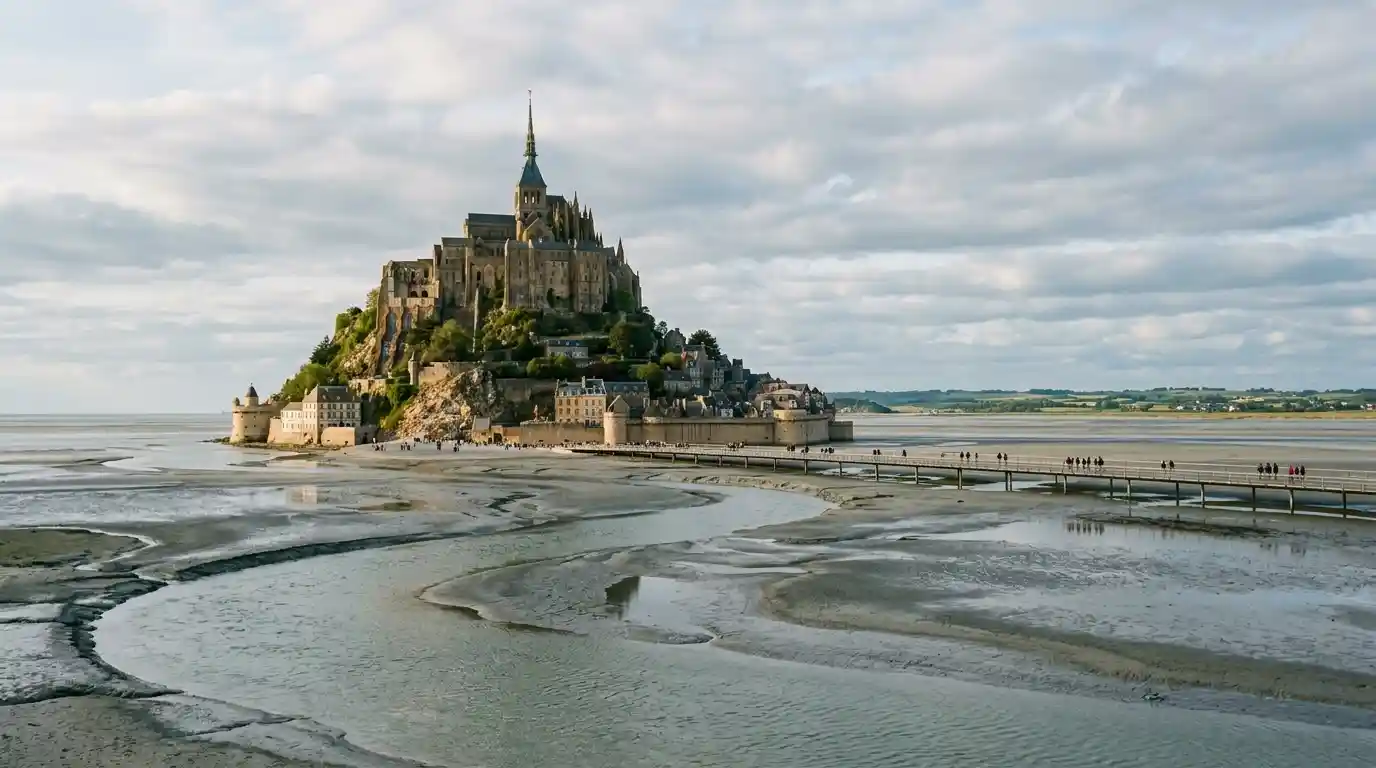 Mont-Saint-Michel abbey and medieval village rising above the tidal bay in Normandy, France.