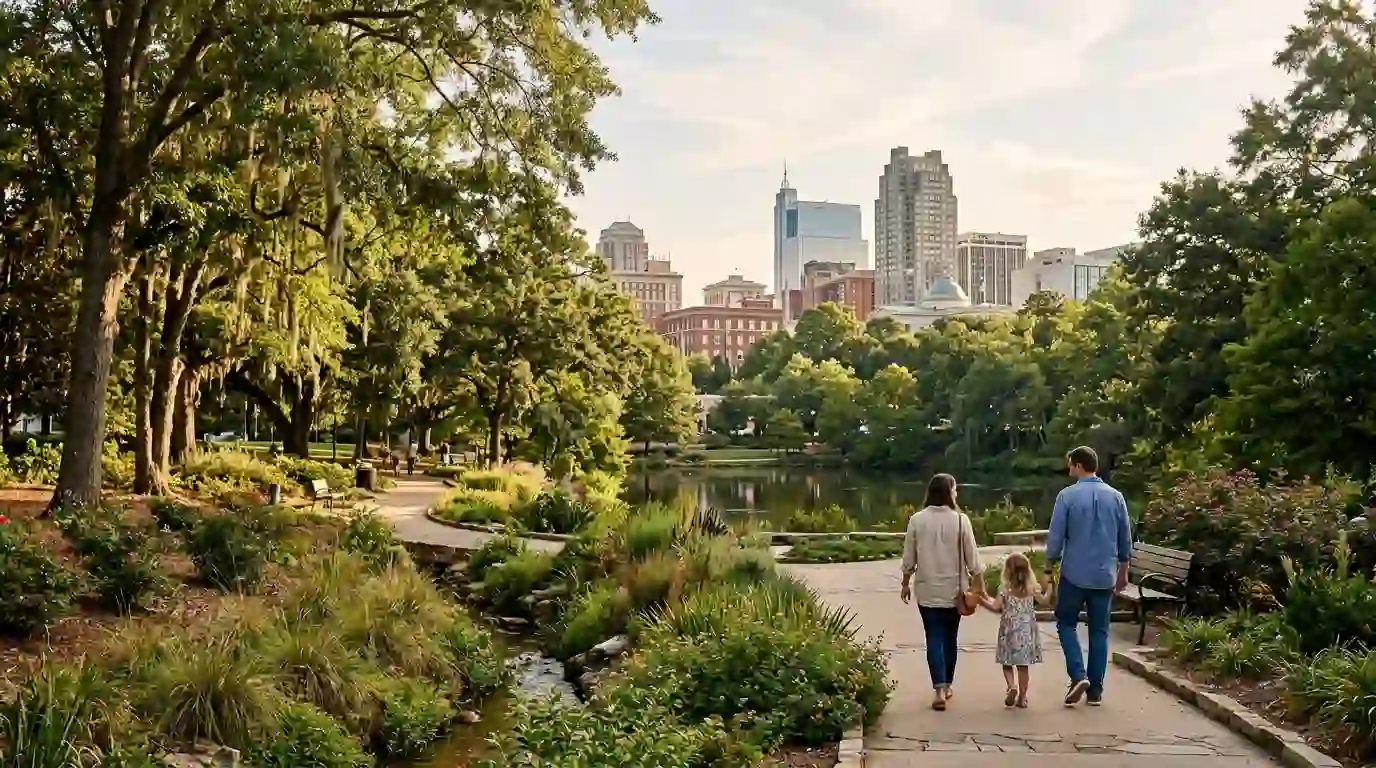Family walking through a leafy public park in the Raleigh-Durham area of North Carolina.