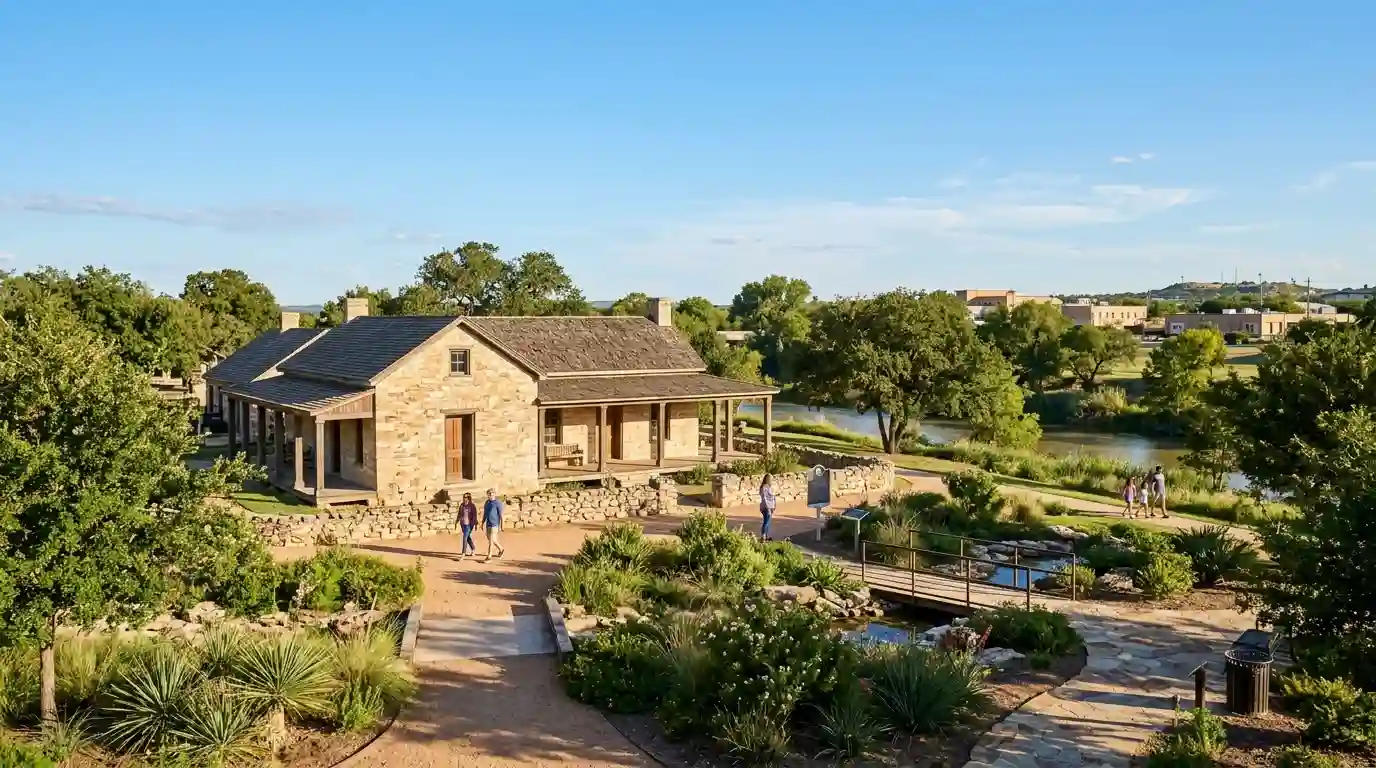 Historic architecture and a landscaped outdoor setting representing San Angelo, Texas.