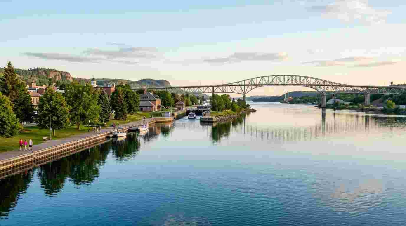 The St. Marys River waterfront in Sault Ste. Marie, Ontario, with the International Bridge in the distance.