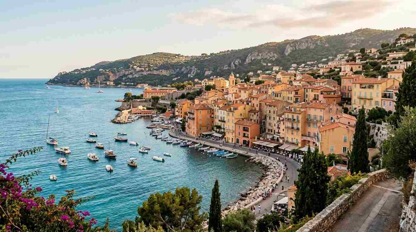 Mediterranean harbour with pastel-coloured buildings and terracotta rooftops in southern France.