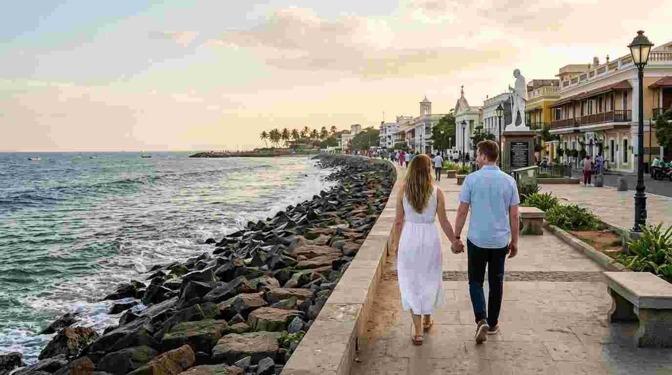 Couple enjoying a peaceful walk along Pondicherry's scenic Promenade Beach waterfront.