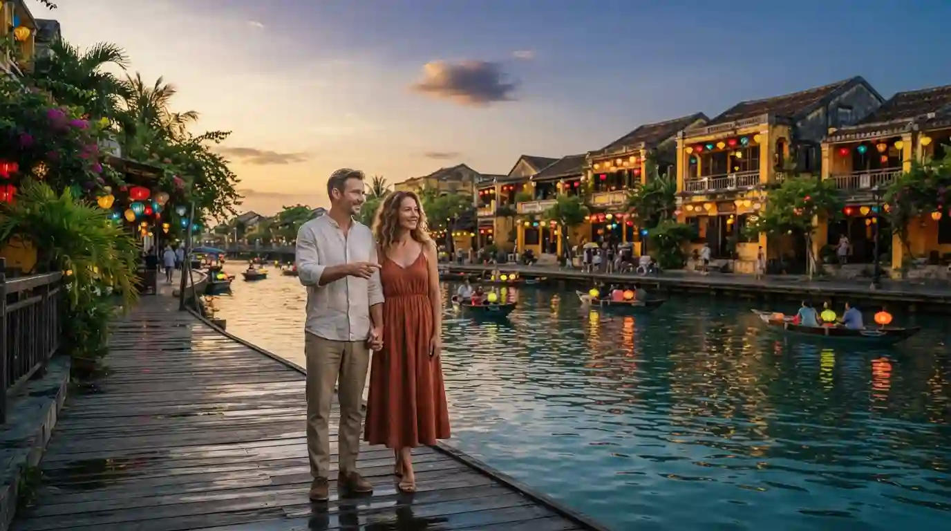 Couple enjoying the lantern-lit riverside streets of Hoi An, Vietnam, at sunset.