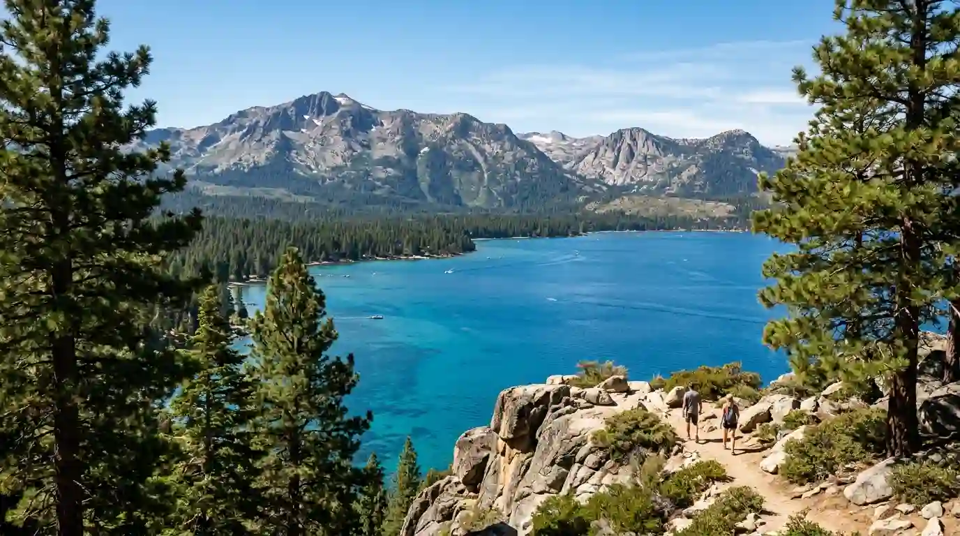Blue waters of Lake Tahoe framed by pine-covered mountains in the Sierra Nevada.