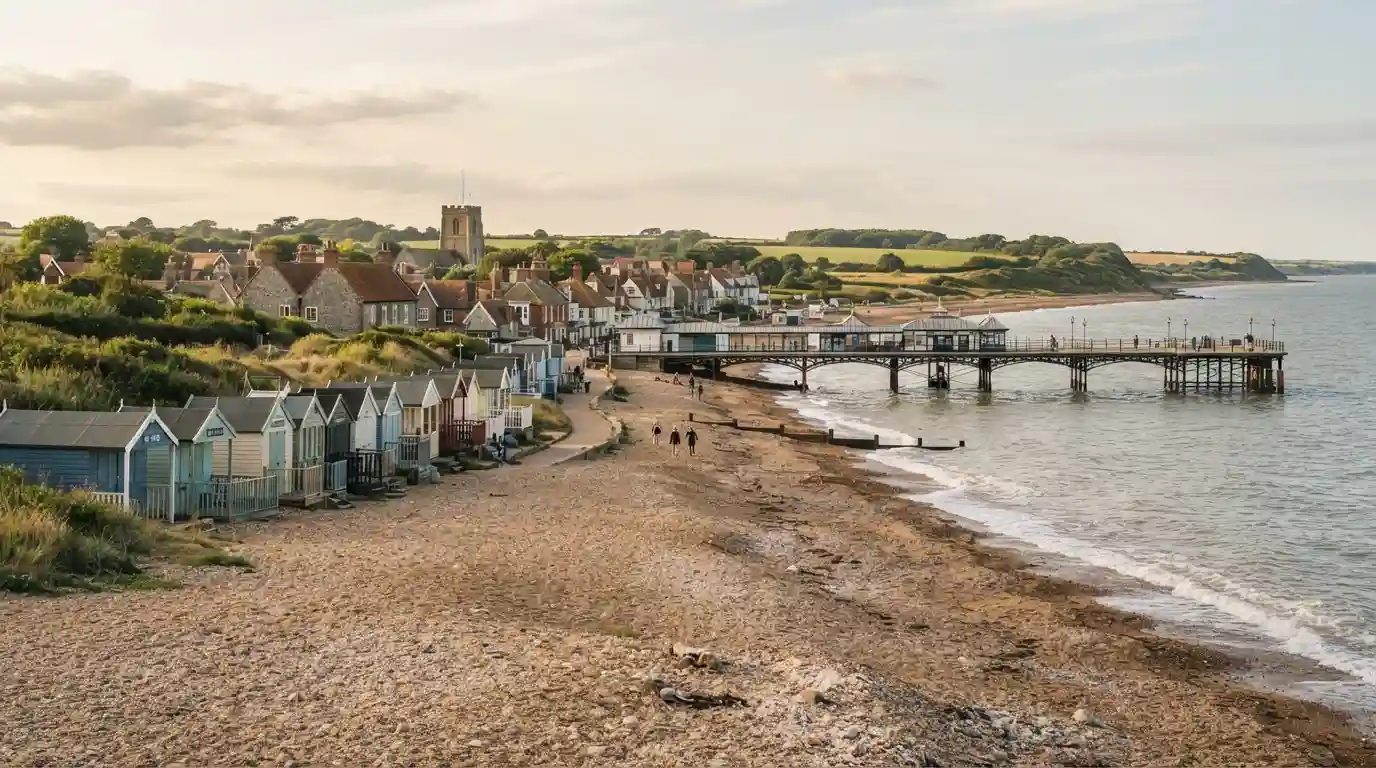 Suffolk coastal beach with colorful beach huts and a traditional seaside pier