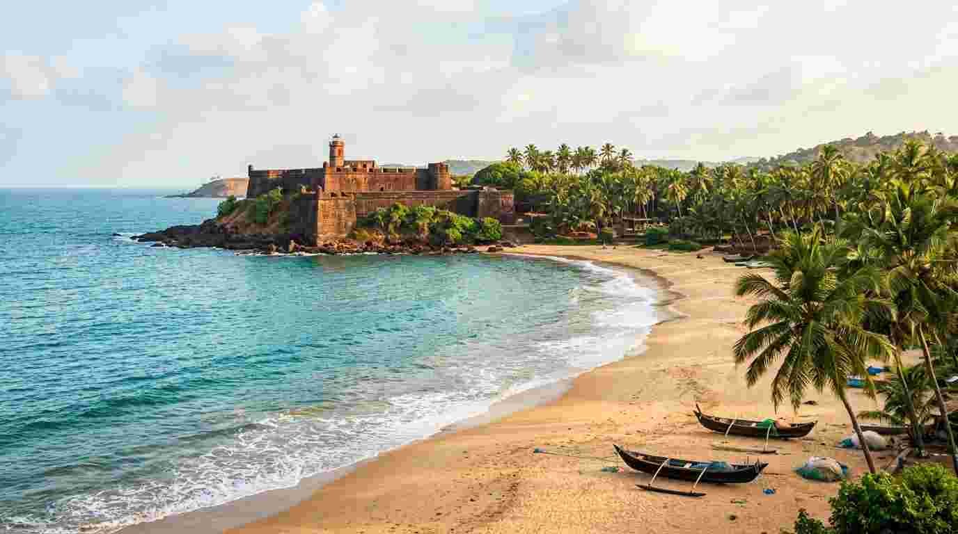 Goa's tropical coastline with golden sand, turquoise water, palm trees, and a historic coastal fort.