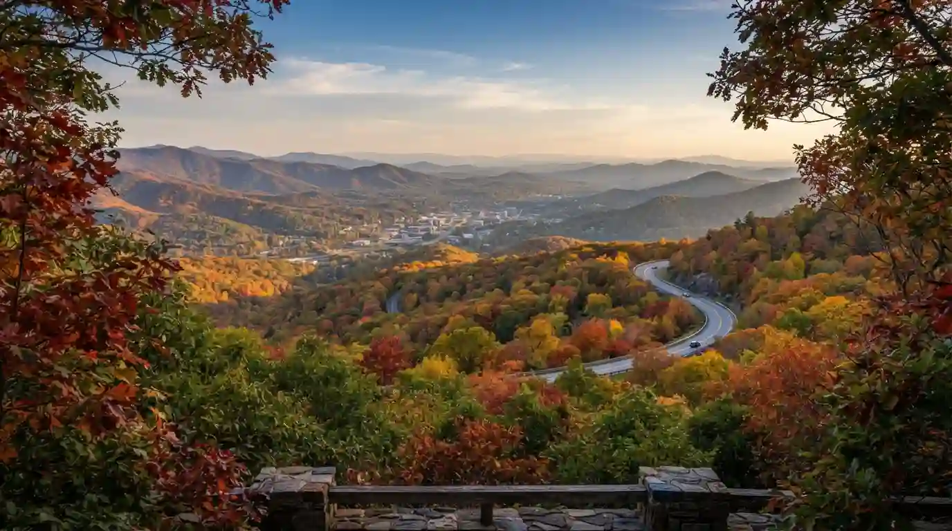 Autumn foliage and layered Blue Ridge Mountain views near Asheville, North Carolina.