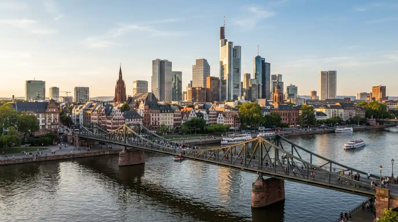Frankfurt skyline, historic Old Town rooftops, River Main, and Eiserner Steg pedestrian bridge in Germany.