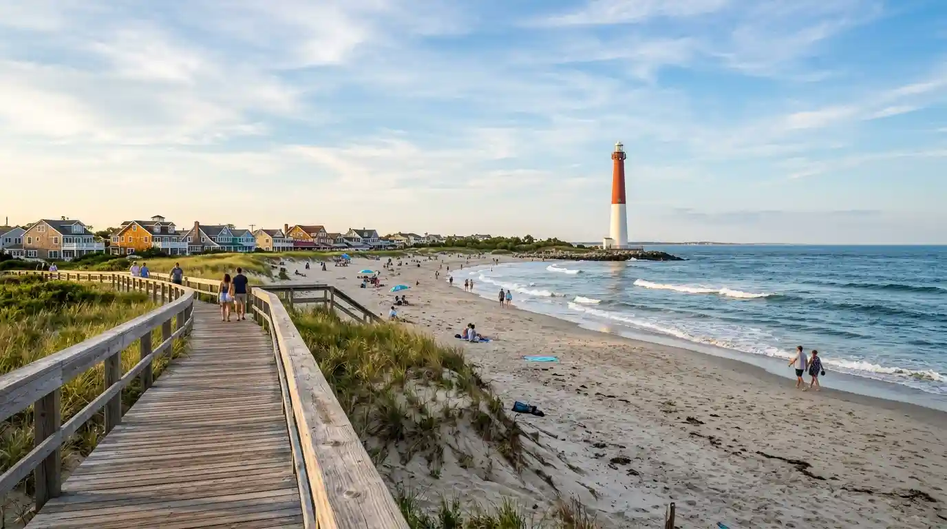 New Jersey coastal boardwalk overlooking a sandy Atlantic beach and historic lighthouse.