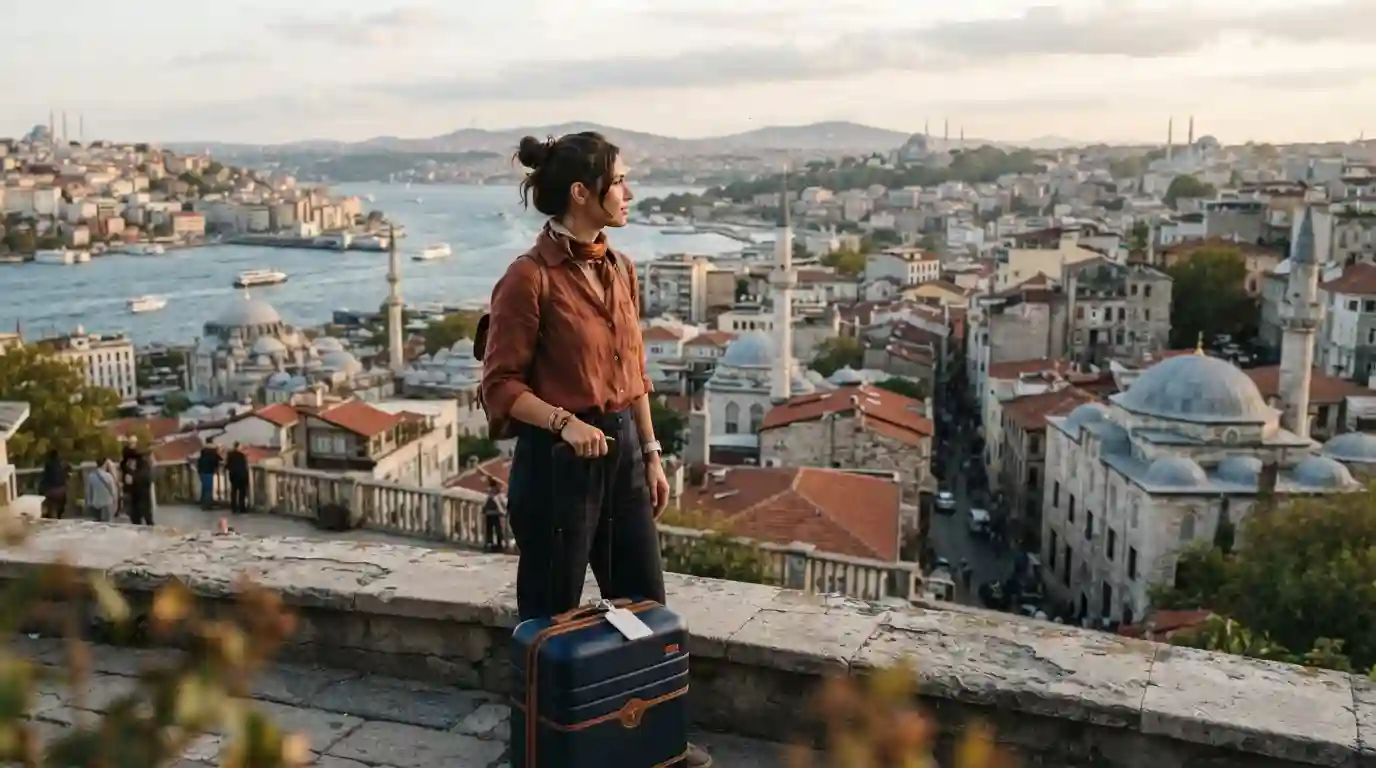 Traveler exploring an international destination with luggage