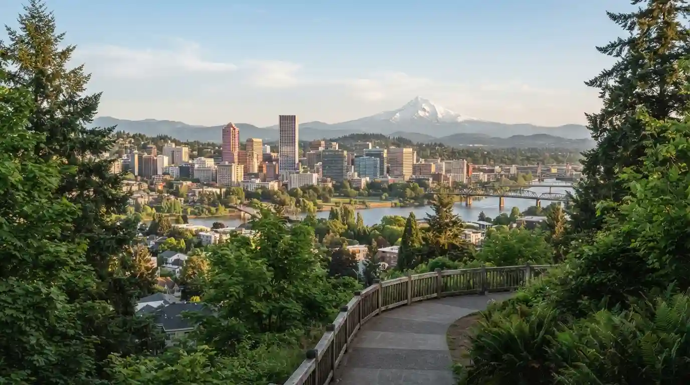 Portland, Oregon skyline surrounded by lush greenery with Mount Hood in the distance