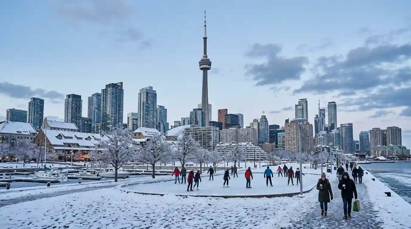Toronto's CN Tower rising above the downtown skyline on a snowy winter day.