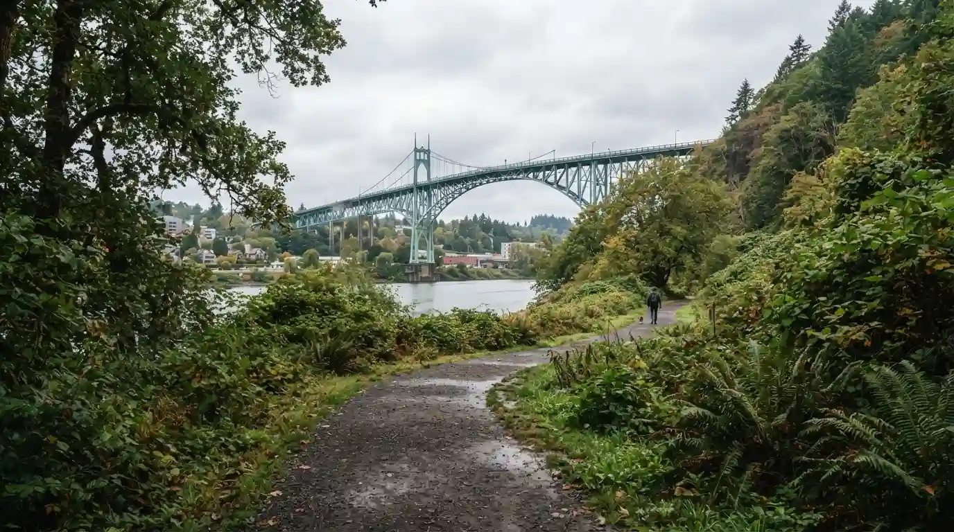 St. Johns Bridge surrounded by greenery in Portland, Oregon