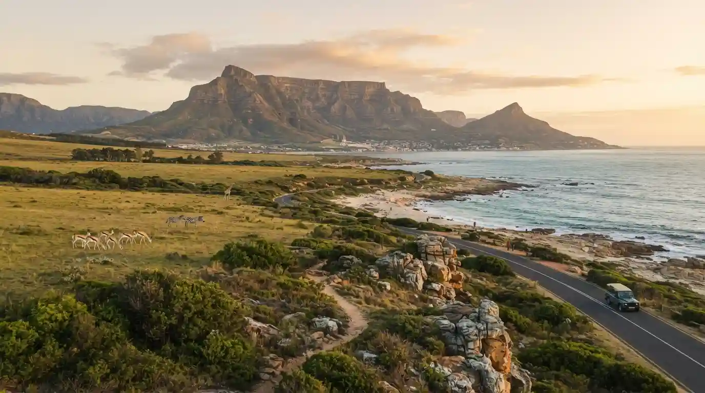 Scenic South African landscape combining mountains, coastline, and natural wildlife surroundings