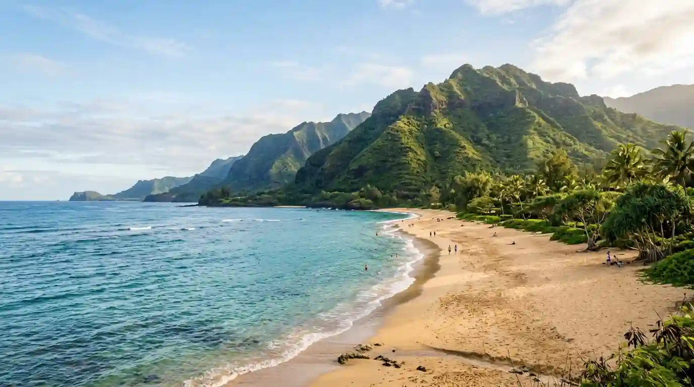 Hawaiian coastline with a golden sandy beach, turquoise ocean, and lush green volcanic mountains.