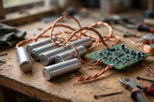 Rechargeable battery cells with copper wiring on a desk