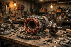 Electric motor with copper coils and magnets on a workbench