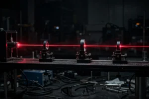 Red laser beam passing through optical lenses in a laboratory