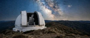 Observatory telescope dome open under a starry night sky