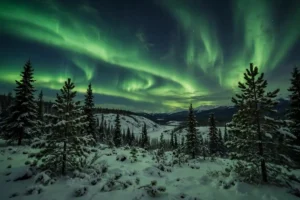 Green aurora borealis glowing over snowy Alaska landscape