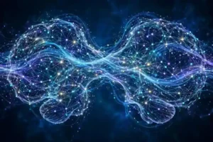 Illustration of an artificial neural network with glowing interconnected nodes