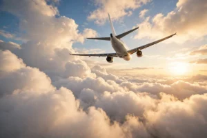 A commercial passenger airplane flying above white clouds at golden hour, seen from below against a blue sky — how do airplanes fly