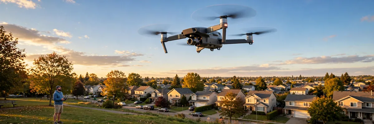 Quadcopter drone flying over an American suburban neighborhood at golden hour — how drones work