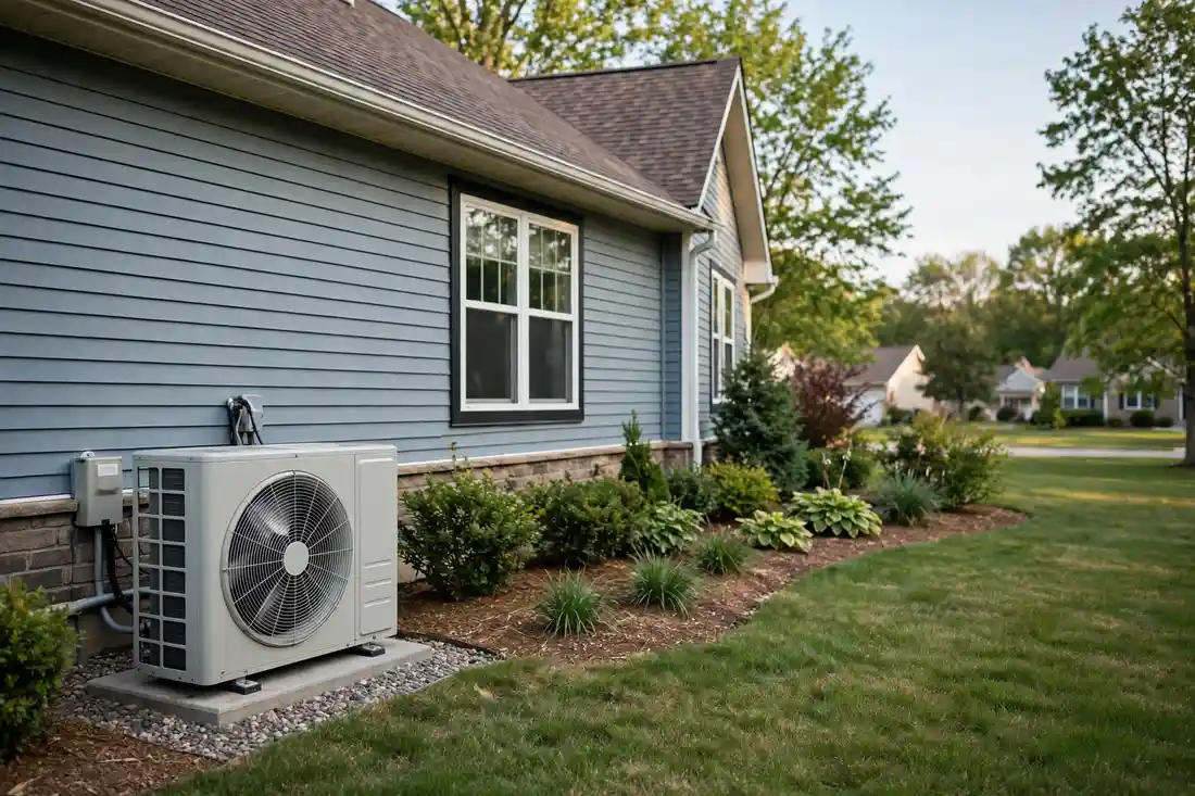 Heat pump outdoor unit beside an American suburban home — how heat pumps work