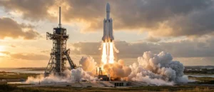 White rocket launching from a pad at golden hour with billowing vapor and fire clouds — how do rockets work